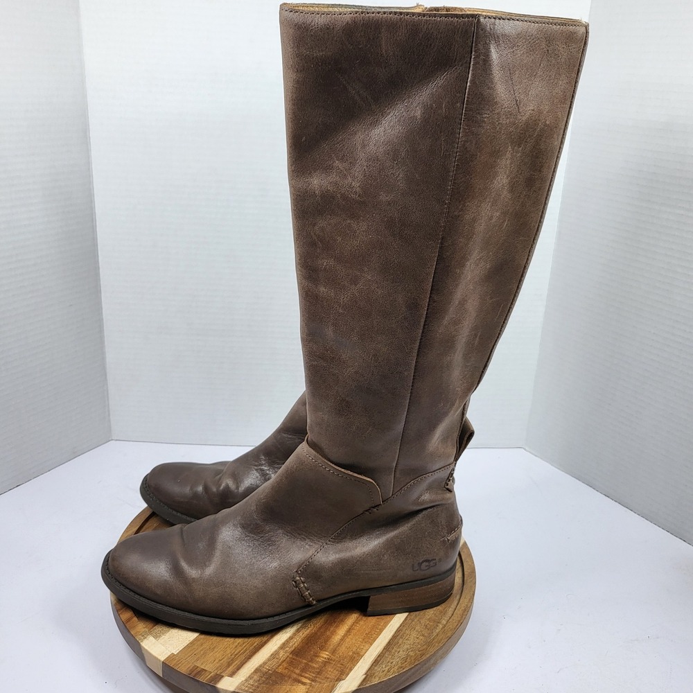 UGG 1098315 Tall Riding Boots Women 8.5 Brown Good Distressed Leather Lug Sole